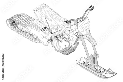 Detailed 3D wireframe model of a snowbike, featuring its motor and mechanical components on a clean white background.