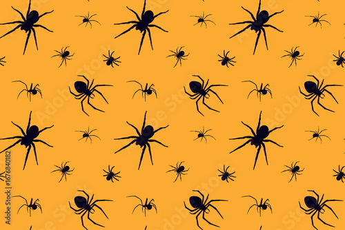 Seamless Halloween pattern with spiders in simple flat style on yellow background.Spooky cute pattern with spiders. Design for backdrop, wrapping paper, fabric, textile, print. Vector illustration. 