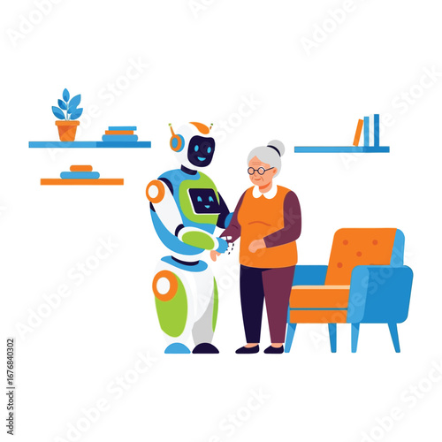 Digital Companion: A friendly robot providing care and companionship to an elderly individual in a comfortable home setting.