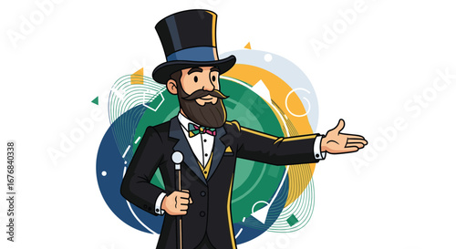 Dapper Gentleman with Top Hat and Cane Welcomes You with Open Hand in Artistic Presentation