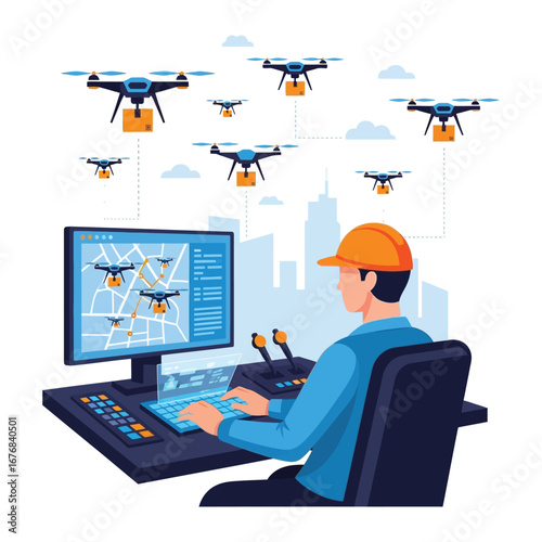 Drone Logistics & Control: An illustration showcases a drone operator managing a fleet of drones, delivering packages in a futuristic cityscape.