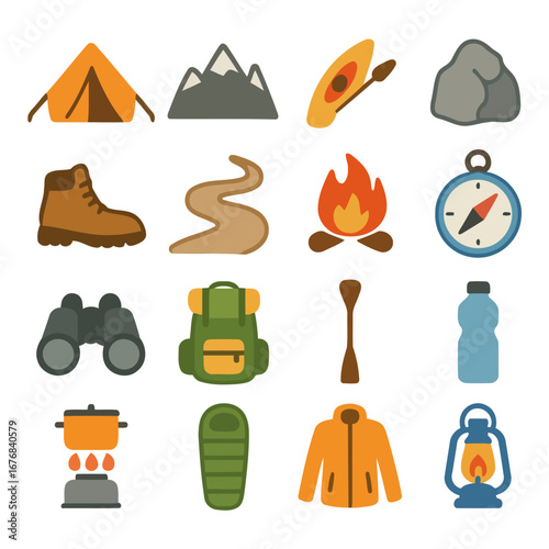 Camping Essentials: An illustrated collection of outdoor and camping essentials, including a tent, mountains, canoe, hiking boots, fire, compass and other outdoor gears.