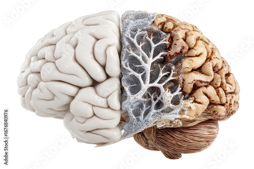 Human brain half healthy and half diseased medical concept illustration isolated on Transparent Background