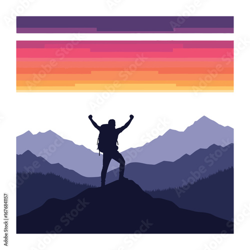 Summit Silhouette: A lone figure triumphantly stands atop a mountain peak with arms raised against a vibrant sunset sky, showcasing the beauty of nature and the triumph of conquering a mountain