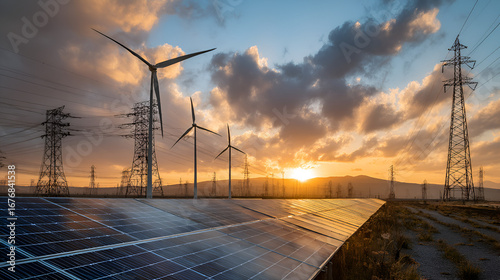 Solar panels wind turbines and power lines under a cloudy sunset