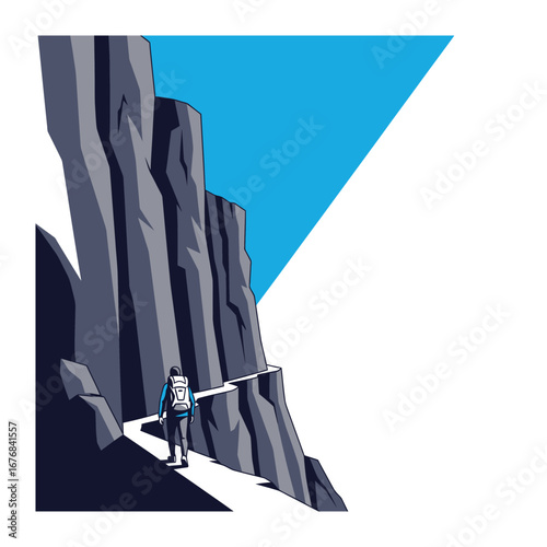 Conquering Heights: Silhouette of a lone adventurer scaling a rugged mountain pass, a testament to human resolve and the thrill of outdoor exploration.