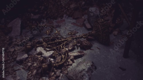 Wallpaper Mural An ornate golden object rests on a bed of debris in a dimly lit, abandoned location. Surrounding materials hint at decay and neglect over time, creating an eerie atmosphere. Torontodigital.ca