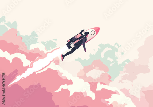 Businessman flying with rocket jetpack through cloudy sky symbolizing ambition career growth success aspiration and startup innovation concept vector illustration