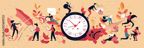 Business people managing time and tasks around large clock with charts, documents, workflow, schedule organization and productivity concept in flat minimalist style vector illustration