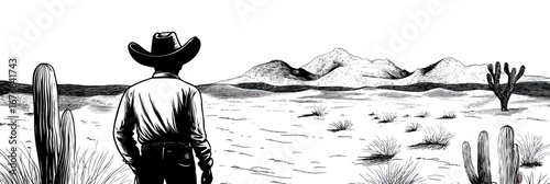 Cowboy standing in arid desert landscape with cacti and distant mountains black and white engraving style vector illustration minimalist outline drawing with western hat and rugged terrain