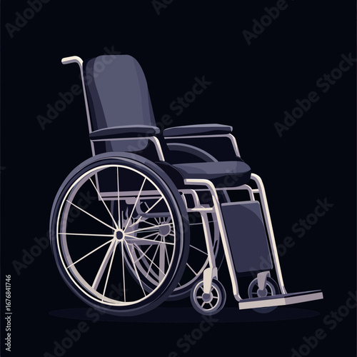 Minimalist flat vector illustration of modern wheelchair isolated on dark background with detailed wheels and padded seat for mobility and accessibility support
