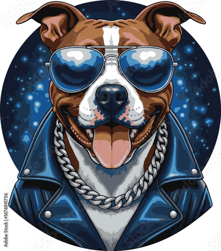 Vector art of pitbull dog wearing a leather jacket and chain, cool style
