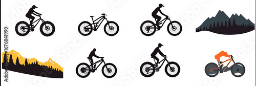 Set of flat minimalist mountain bike and cyclist icons in black silhouette with mountain landscape backgrounds in orange and gray colors vector illustration