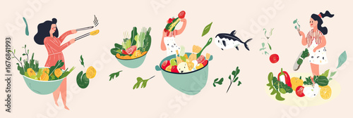 Healthy eating concept with diverse people preparing fresh vegetable salad and fish dishes in minimalist flat vector style illustration