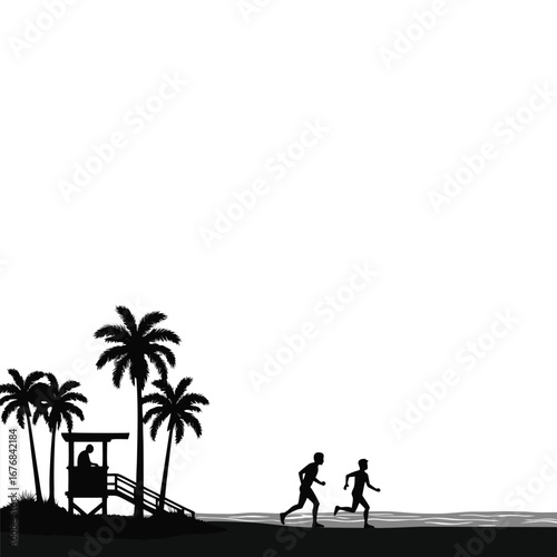 Two men running on beach beside lifeguard tower and palm trees