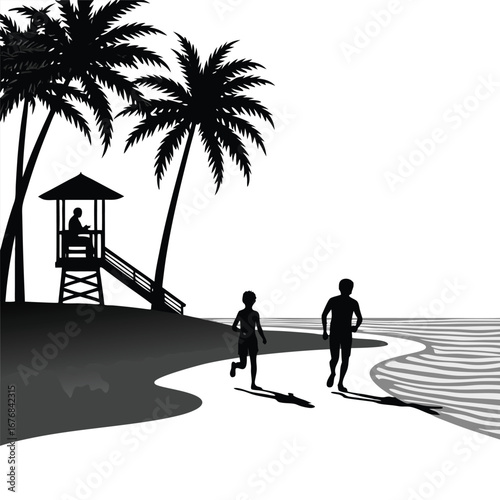Two people running on a beach with palm trees and lifeguard tower