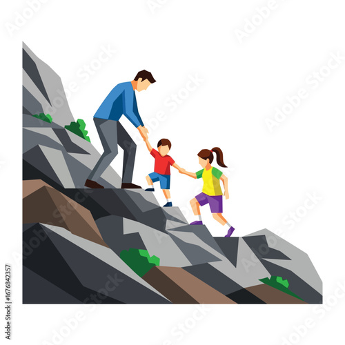 Climbing Together: Depicting a parent's support as two kids courageously ascend a steep mountain, embodying the spirit of guidance and perseverance.