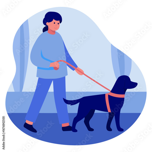 Woman walking guide dog on blue background in indoor setting  