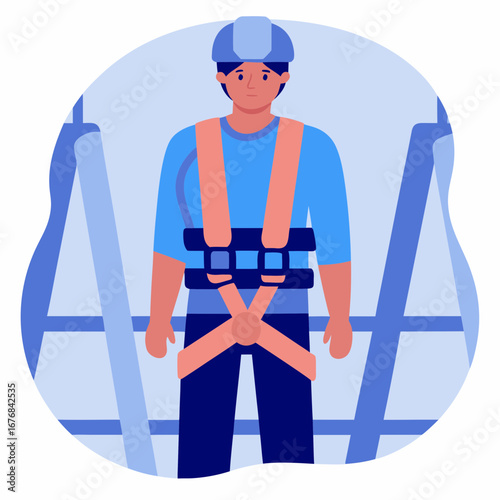 Worker in safety harness standing confidently in construction area  
