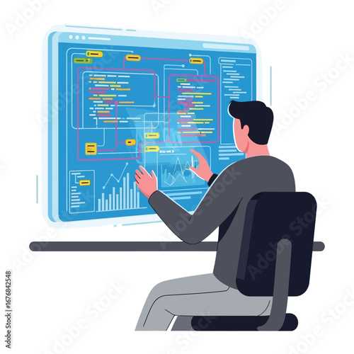 Code Maestro: A modern illustration of a skilled coder, immersed in a virtual interface, bringing the digital realm to life with innovative coding.