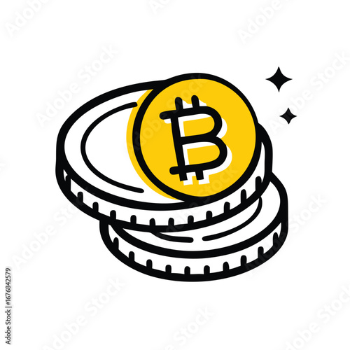 A stack of bitcoin coins with sparkling background doodle business vector icon on transparent background