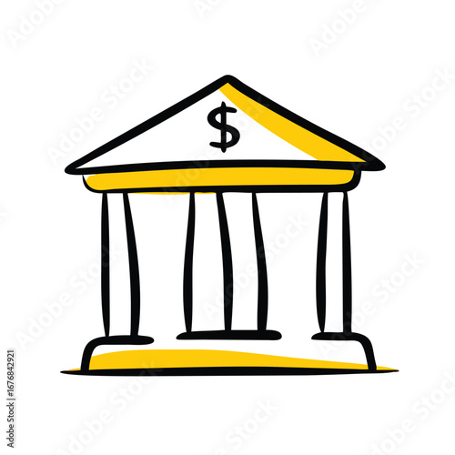 A yellow bank building with dollar sign illustration doodle business vector icon on transparent background