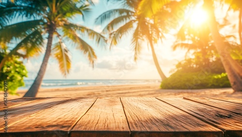 Fototapeta Naklejka Na Ścianę i Meble -  Tropical beach background with wooden table top for product display and mockup