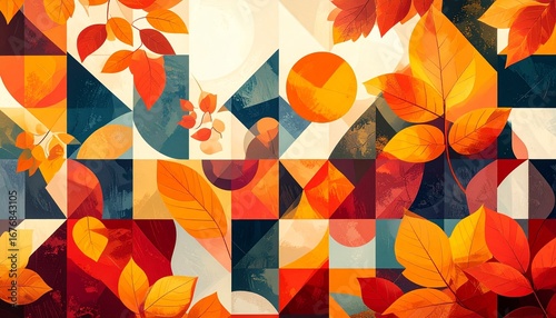 Colorful abstract fall leaves composition with geometric shapes in warm tones