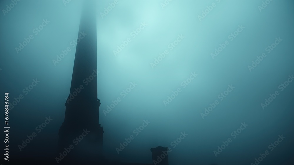 custom made wallpaper toronto digitalA tall dark structure shrouded in thick fog with a blueish tint in a mysterious atmosphere