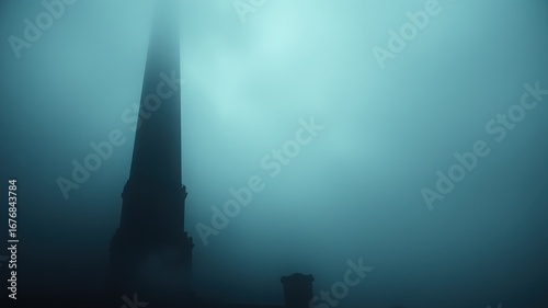 Wallpaper Mural A tall dark structure shrouded in thick fog with a blueish tint in a mysterious atmosphere Torontodigital.ca