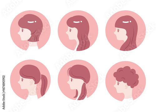 女性の横顔とヘアスタイルバリエーションセット（美容・サロン・ベクターイラスト）