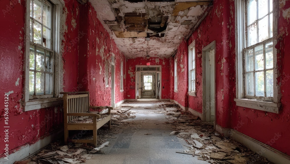 Fototapeta premium Red-painted, decaying hallway
