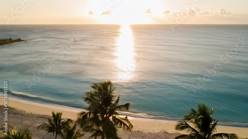 Wallpaper Mural Coastal serenity with palm trees, sand, turquoise water and sun at horizon Torontodigital.ca