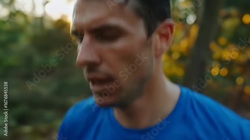 Wallpaper Mural Man in blue shirt, running, sweating, with natural sunlight background and forest Torontodigital.ca