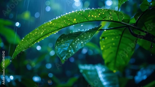 Wallpaper Mural Lush green leaves glisten with raindrops in a blurred, atmospheric, blue-toned setting Torontodigital.ca