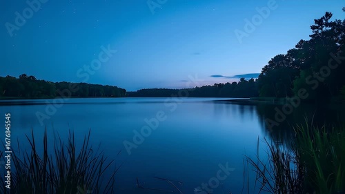 Wallpaper Mural Tranquil lake reflects the evening sky, bordered by silhouetted trees and tall grass Torontodigital.ca