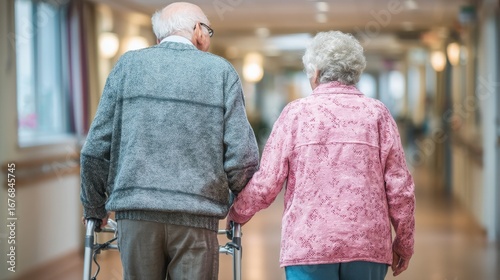 Elderly couple walking with a walker in a bright nursing home corridor, showing companionship, aging gracefully, and supportive care in a healthcare setting
