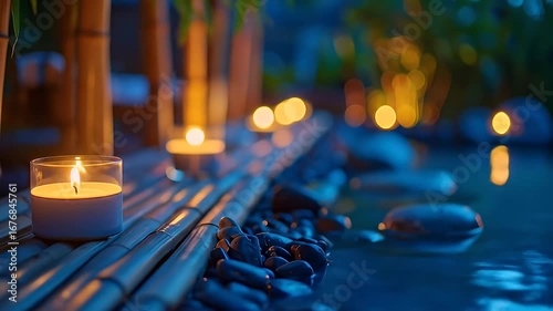 Wallpaper Mural Serene bamboo pathway with candle and glowing lights over blue water scene Torontodigital.ca