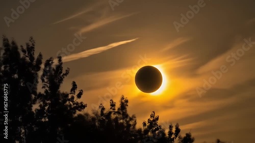 Wallpaper Mural Solar eclipse with a bright corona over silhouetted trees and wispy clouds at dusk Torontodigital.ca