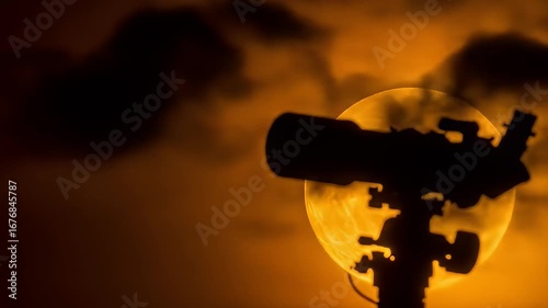 Wallpaper Mural A telescope silhouette observing a large orange moon with a blurry sky backdrop Torontodigital.ca