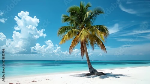 Wallpaper Mural A palm tree on white sand beach with blue skies and ocean in the background Torontodigital.ca