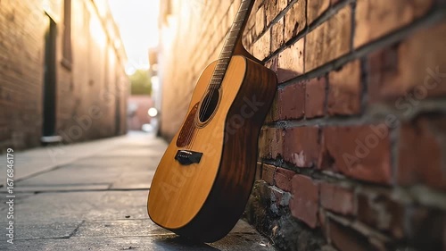 Wallpaper Mural Acoustic guitar leans against a weathered brick wall in a narrow alleyway in golden light Torontodigital.ca