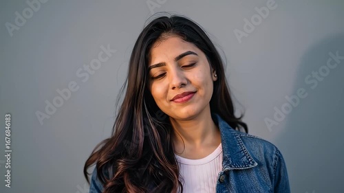 Wallpaper Mural Portrait of a young woman with long brown hair in a denim jacket against a gray background Torontodigital.ca