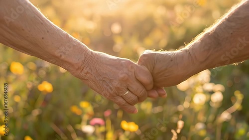 Wallpaper Mural Two elderly hands held tenderly over a field of wildflowers, backlit by warm sunlight Torontodigital.ca