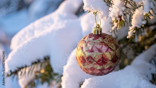Wallpaper Mural Ornament hangs from snowy evergreen, winter scene Torontodigital.ca