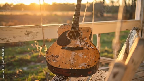 Wallpaper Mural Worn acoustic guitar hangs on a weathered porch in golden sunlight Torontodigital.ca