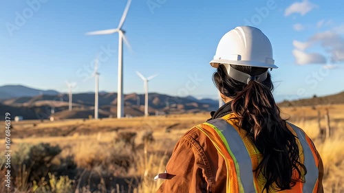 Wallpaper Mural Engineer wearing hardhat and safety vest views wind turbines in a field Torontodigital.ca