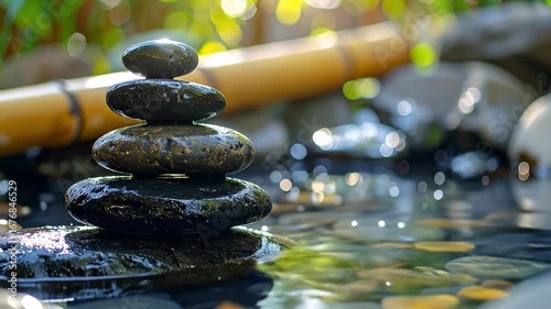 Wallpaper Mural Stacked dark river stones in serene water with blurred greenery and bamboo background Torontodigital.ca