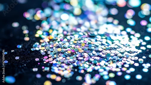 Wallpaper Mural Sparkly Heap.
Description Close-up of iridescent, hexagonal glitter spread across textured, dark surface. Bokeh lights above Torontodigital.ca