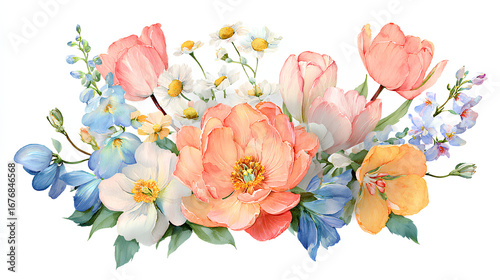 Fototapeta Naklejka Na Ścianę i Meble -  Watercolor floral illustration - flower crest with bright peach color, white, pink, blue flowers, rose, peony, poppy, tulips, sweet pea, chamomile, ranunculus, buttercups. Wedding invitation, clipart.